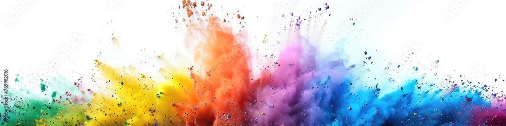 Color Background. Panoramic View of Rainbow Holi Paint Explosion in Isolated White Backdrop