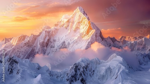 Mountain Peak. Sunset Light on Snowy Masherbrum Peak in the Karakoram Mountain Range photo