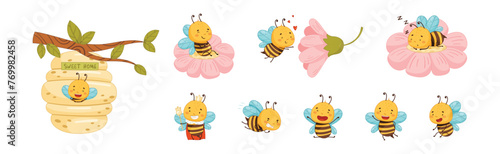 Cute Honey Bee Character with Pretty Face and Striped Body Vector Set