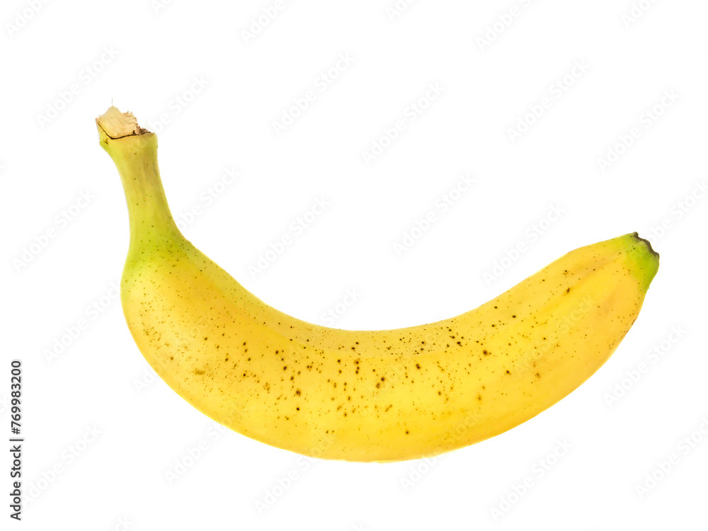 Unpeeled banana ripening on a white background with copy space