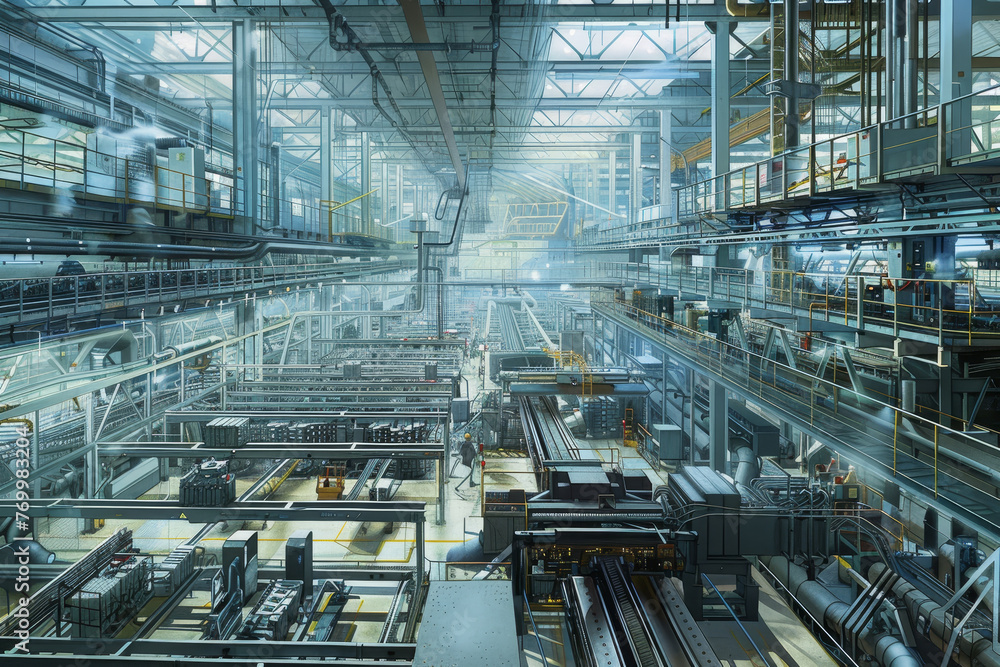 Fototapeta premium A large industrial building with many workers and machines