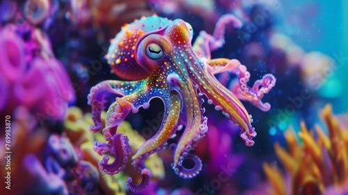 Vibrant Cuttlefish in Colorful Coral Reef - Underwater Enchantment: Majestic Marine Life Amidst Nature's Aquatic Beauty, with Dancing Fish, Swirling Seaweed, and Tranquil Undersea Serenity
