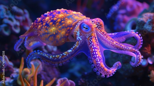 Vibrant Cuttlefish in Colorful Coral Reef - Aquatic Marvel  Majestic Display of Marine Life Amidst Nature s Beauty  with Dancing Fish  Swirling Seaweed  and Tranquil Undersea Serenity