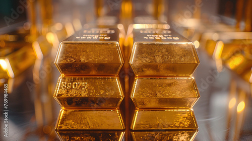 Stack of Shiny Gold Bars on Reflective Surface