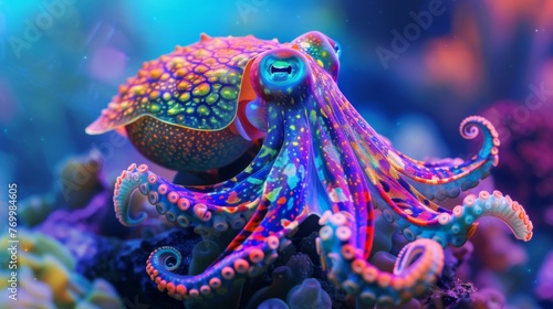 Flamboyant cuttlefish spreading tentacles, underwater marvel, psychedelic coloration, coral reef background, 4k, 8k. --ar 16:9 --v 6 Job ID: cf20db05-c584-4cb6-978b-6ddc968fc627 photo