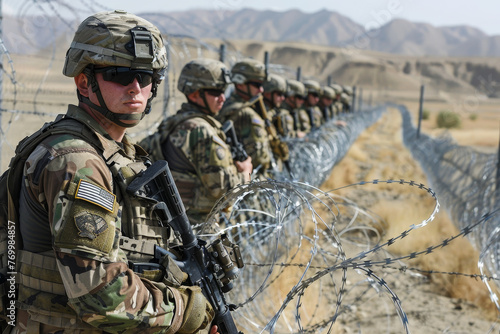 A group of soldiers stand behind barbed wire