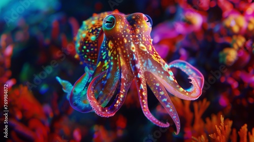Vibrant Cuttlefish in Colorful Coral Reef - Undersea Spectacle  Majestic Display of Marine Life Amidst Nature s Aquatic Beauty  with Dancing Fish  Swirling Seaweed  and Tranquil Undersea Serenity