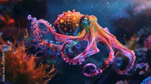 Vibrant Cuttlefish in Colorful Coral Reef - Undersea Spectacle: Majestic Display of Marine Life Amidst Nature's Aquatic Beauty, with Dancing Fish, Swirling Seaweed, and Tranquil Undersea Serenity