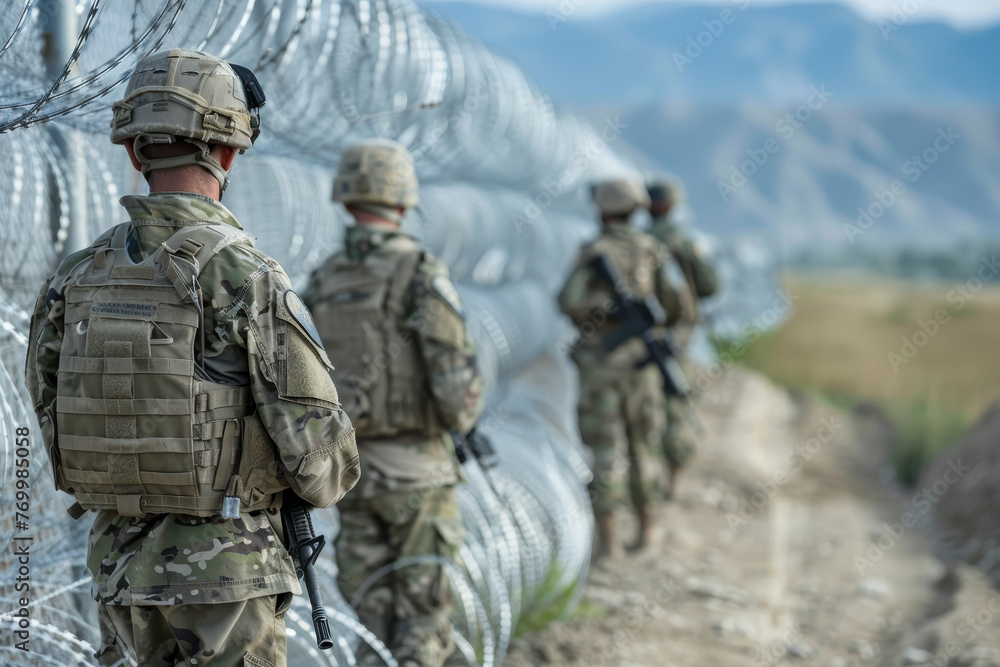 A group of soldiers are walking through a field with barbed wire A group of soldiers are walking through a field with barbed wire