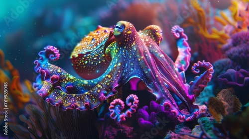 Vibrant Cuttlefish in Colorful Coral Reef - Aquatic Marvel  Majestic Display of Marine Life Amidst Nature s Beauty  with Dancing Fish  Swirling Seaweed  and Tranquil Undersea Serenity
