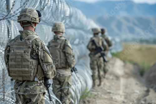 A group of soldiers are walking through a field with barbed wire