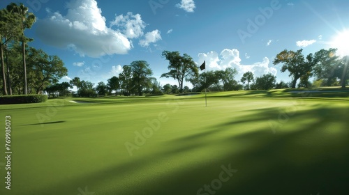 Dynamic view captures the golfer's triumphant putt amidst scenic greenery and blue skies.