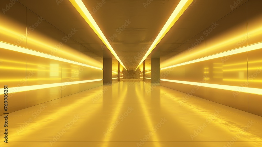 Futuristic yellow hallway in a modern building - A corridor featuring a futuristic design with sharp lines and a strong yellow glow, highlighting innovation and modernity