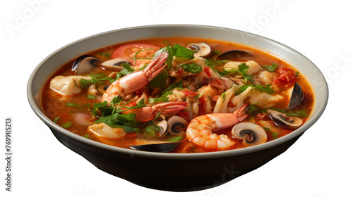 A vibrant bowl of soup filled with shrimp, clams, and shrimp