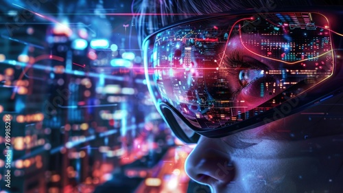 Futuristic Vision with Advanced Technology - A captivating visual of a person's eye reflecting a high-tech interface symbolizing advanced digital technology and futuristic insights