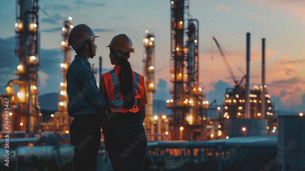 Pair of engineers in front of industrial towers at dusk - Twilight scene of two engineers in safety vests discussing in front of towering oil refinery structures