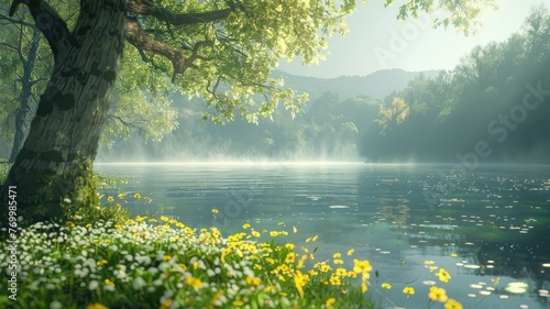 Picturesque lakeside with spring flowers - A peaceful lakeside scene with a large tree, daisies, and vibrant spring flowers in the foreground photo