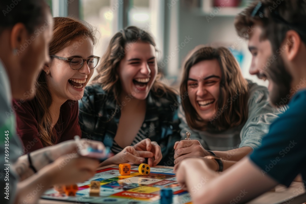 Friends engaged in a lively game of Monopoly, laughing and strategizing around the board with colorful playing pieces and money