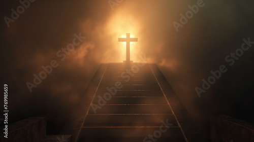 Escadas subindo para uma cruz no ceu photo