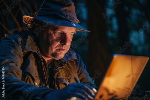 Close-up shot of a forest ranger wearing a hat, intensely focusing on their laptop screen