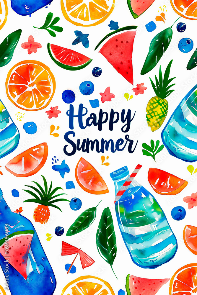 Summer and holiday motifs background with text happy summer