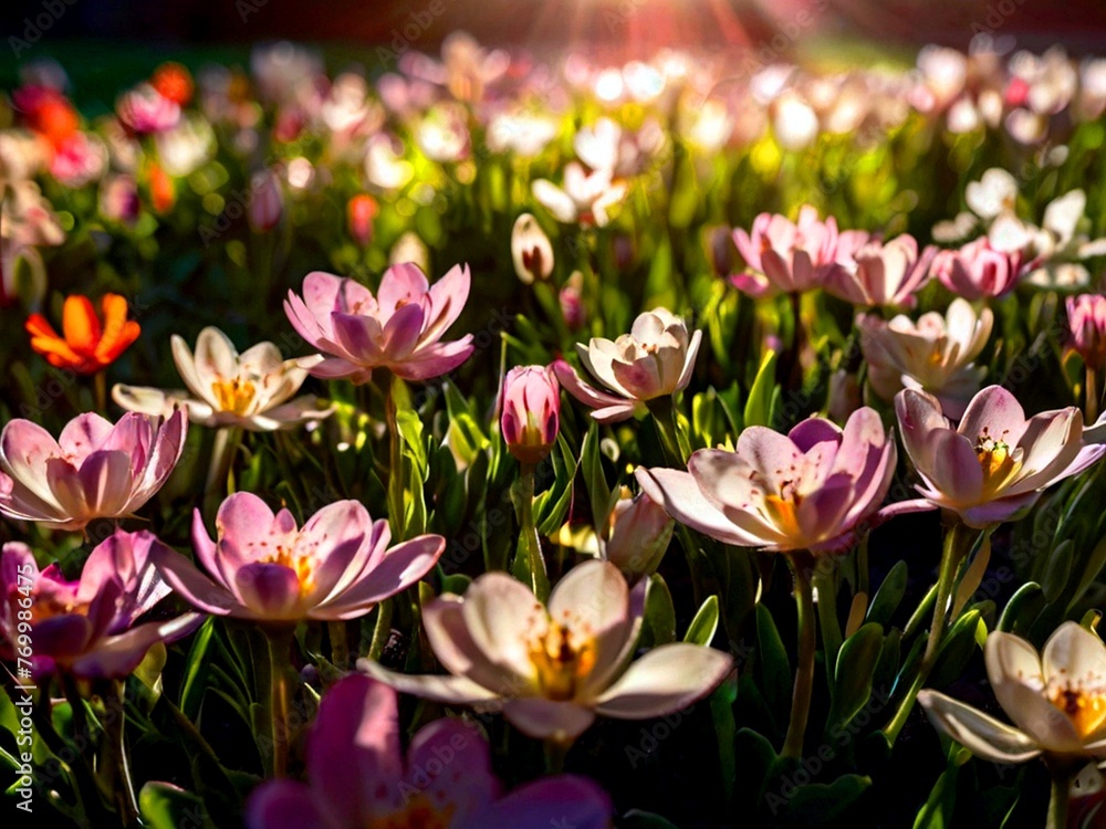 Obraz premium Beautiful spring flowers on the lawn, under the bright rays of the sun.