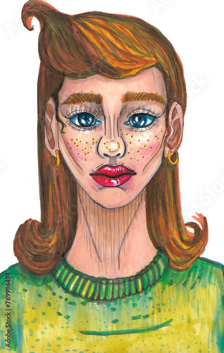 Stylized portrait of young beautiful woman. Pen markers illustration.