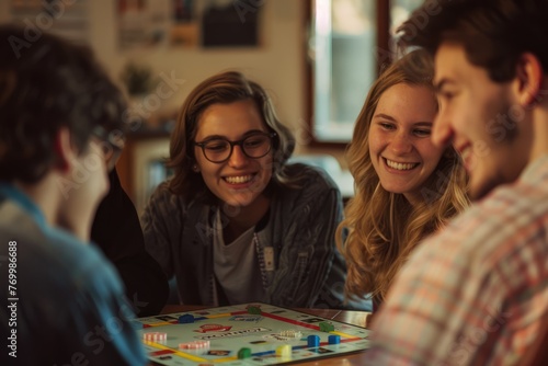 A group of friends sit around a Monopoly board  strategizing and discussing their moves intently
