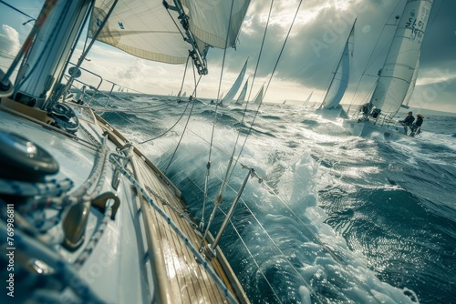 A group of sailboats with crew members onboard, sailing in the vast ocean