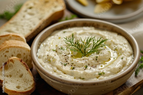 A bowl filled with creamy hummus is accompanied by freshly sliced bread on the side