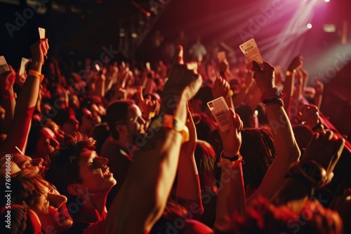 A lively crowd of people at a concert energetically raising their hands in the air