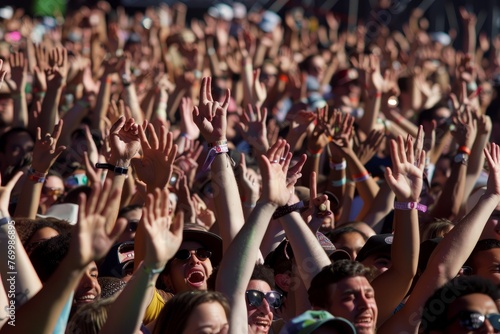 A crowd of individuals lifting their hands in the air