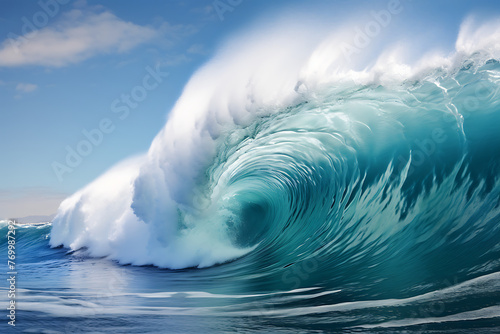 Curving sea waves with foamy white spray, perfect for surfing © Breyenaiimages