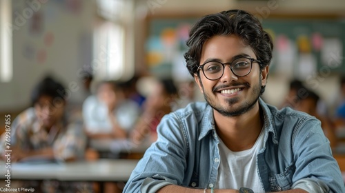 Academic Excellence: Ultra-Realistic Image of Handsome Indian College Student in Classroom generative ai