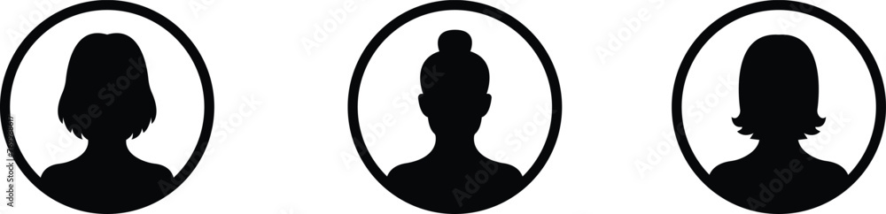 Business avatar profile black icon set. Collection women of user vector symbol in trendy flat or line style isolated on transparent background. Profile diverse face for social network or web. - obrazy, fototapety, plakaty 