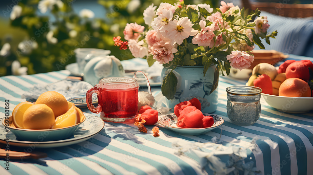 an outdoor dining table in summer with several picnic baskets of different items an outdoor dining table in summer with several picnic baskets of different items