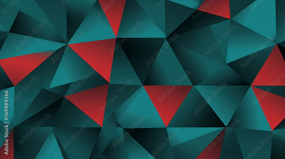 Fototapeta premium A pattern with triangles, with red triangles on a teal background. The design incorporates turquoise and dark gray.