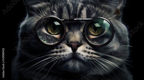 cat in glasses on black background photo