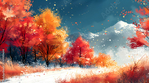 A lone figure takes a serene walk through a forest bursting with the rich colors of autumn leaves and snow-dusted paths