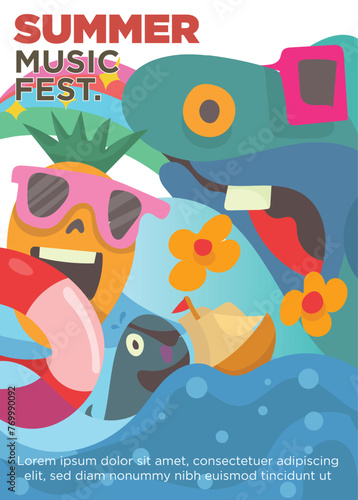 fun pool  party with monster and pineapple macot concept. summer music festival template poster vector illustration photo