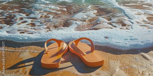 Close-up of flip flops on the beach. Orange sandals on the seashore with sea waves.