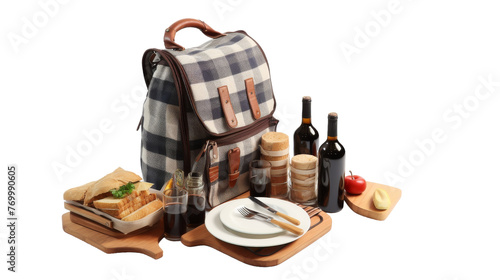 A picnic bag holds a bottle of wine and a plate of delicious food on a sunny day