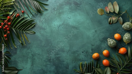 Tropical foliage arrangement on teal background - Stylish flat lay of tropical leaves and fruits on a teal backdrop, suited for fresh and natural themes