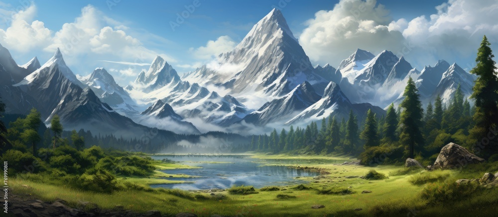 A stunning natural landscape painting depicting a mountain with cloudcovered sky, a serene lake, lush green trees, and grassy surroundings. Perfect for travel enthusiasts
