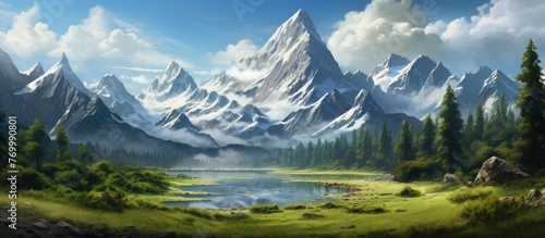 A stunning natural landscape painting depicting a mountain with cloudcovered sky, a serene lake, lush green trees, and grassy surroundings. Perfect for travel enthusiasts