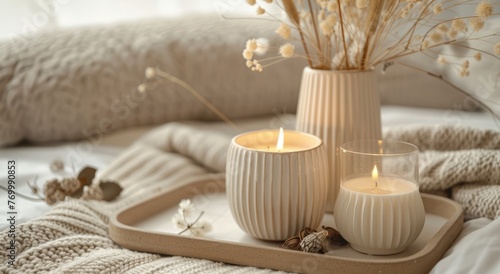 Cozy home interior with candles and dried flowers in vase on tray, warm beige colors, winter mood concept
