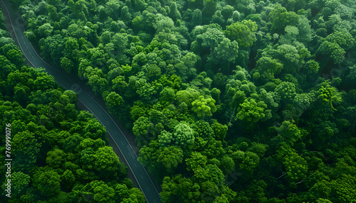 Aerial top view of asphalt road through green forest, healthy rain forest, environment, health, green economy, view of nature ecosystem for save earth.