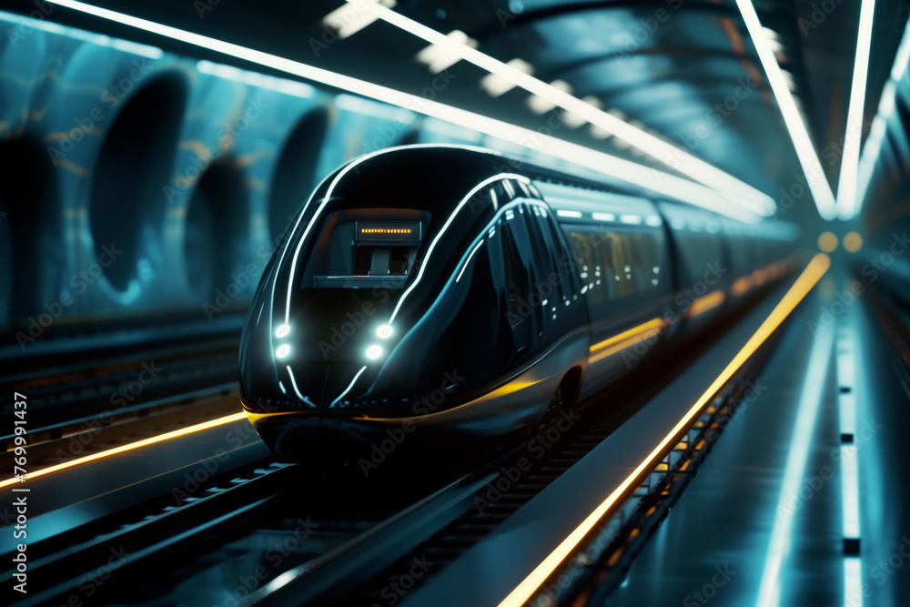 Modern high-speed train in futuristic railway tunnel, concept of innovation in public transportation. Zero-emission public transportation system, with magnetic levitation trains.