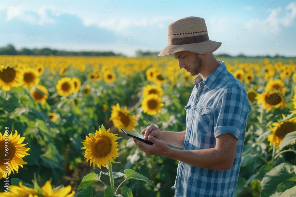 A man monitors a field of sunflowers using a tablet