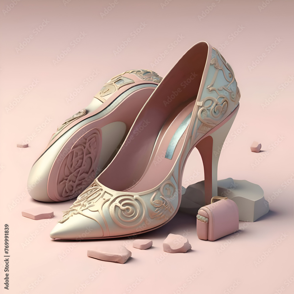 conceptual logo pink golden fashionable  high heel shoe  at pink decorated  background  for shoes business, branding. Ai generated - obrazy, fototapety, plakaty 